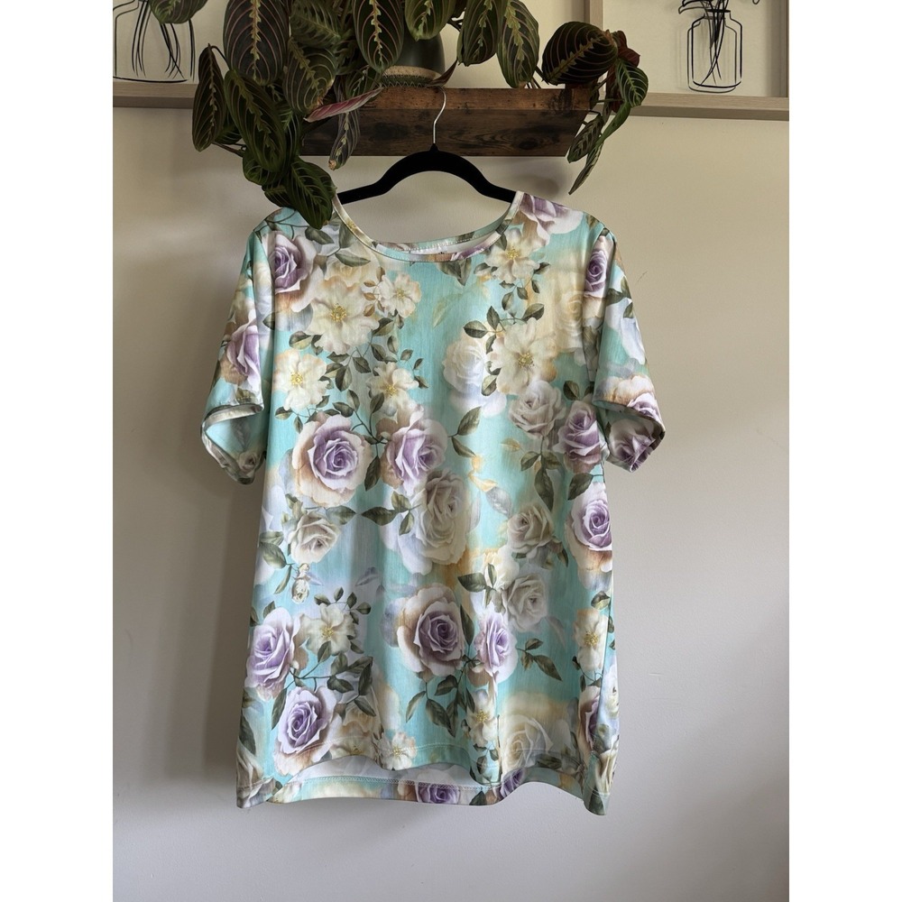 BonWorth Vintage Floral Rose Short Sleeve Crewneck T-Shirt Top Teal Purple M